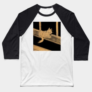 Maine Coon Cat on Windowsill Linocut in Gold and Black Baseball T-Shirt